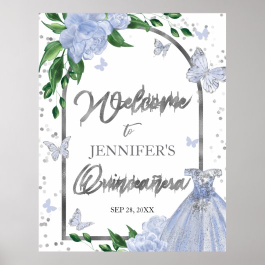 Quinceanera Butterflys Stoffig Blauw Welkomstbord Poster (Voorkant)