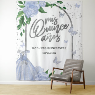 Quinceanera Butterflys Stoffige Blauwe Gown Achter Wandkleed