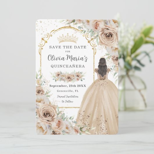 Quinceañera Champagne Beige Crème Bloemen Prinses Save The Date (Staand voorkant)