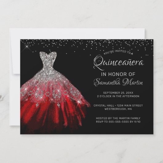 Quinceañera Chic Red Silver Dress Party Invitation (Devant)
