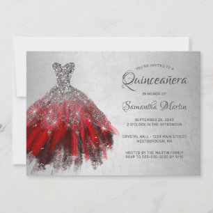 Quinceanera Chic Red Silver Dress Shiny Party Invi Kaart
