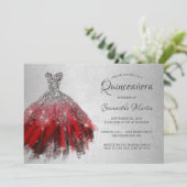 Quinceanera Chic Rood Zilveren Jurk Glitter Party Kaart (Staand voorkant)