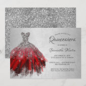 Quinceanera Chic Rood Zilveren Jurk Glitter Party Kaart (Voorkant / Achterkant)