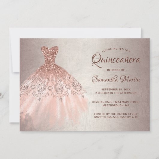 Quinceanera Chic Roos Gouden Glitter Dress Party Kaart (Voorkant)