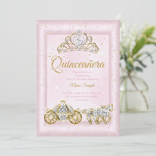 Quinceanera Cinderella Blush Pink Carriage Kaart (Staand voorkant)
