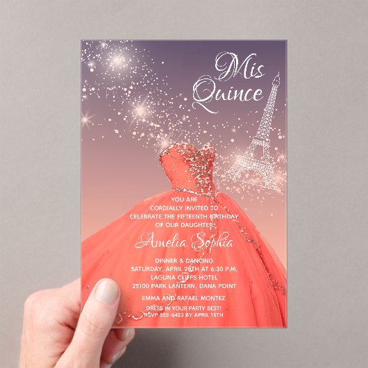 Quinceañera Coral Dress Eiffel Tower Acryl Uitnodigingen (Insitu (Draagbaar))