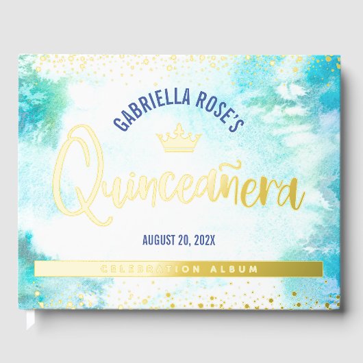 Quinceañera Couronne Turquoise Script Real Gold Fo (Recto)