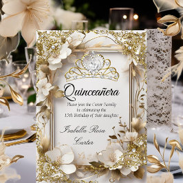 Quinceanera Cream Bloemen Goud Wit Tiara Party Kaart
