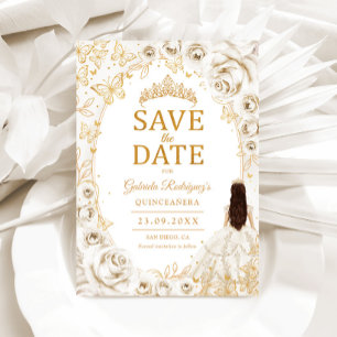 Quinceanera Crème Goud Bloemig Save The Date