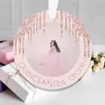 Quinceanera custom photo rose gold pink glitter<br><div class="desc">An ornament for a girly and glamorous Quinceañera, 15th birthday. A rose gold, pink background and decorated with rose gold faux glitter drips, paint dripping look. Personalize and add a photo, age and a date. Dark rose gold colored text. Perfect as table setting, party decoration, favor, keepsake or as a...</div>