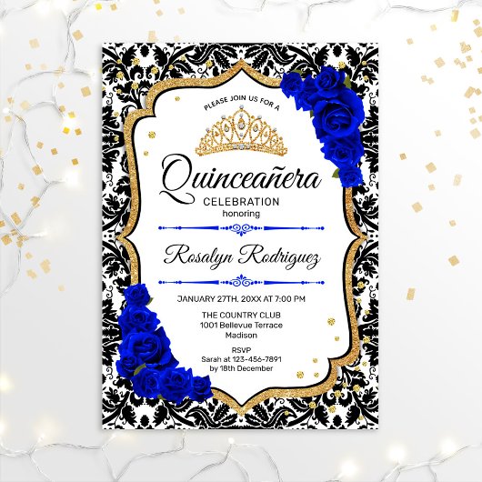 Quinceanera - Damask Royal Blue Gold Kaart