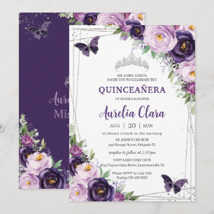 Quinceañera Dark Paarse Lila Floral Butterflies Kaart