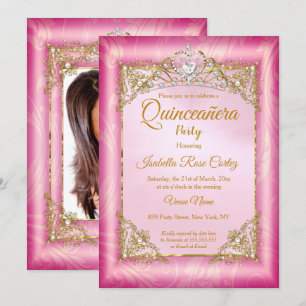 Quinceanera deep Pink Damask foto Gold Tiara Kaart