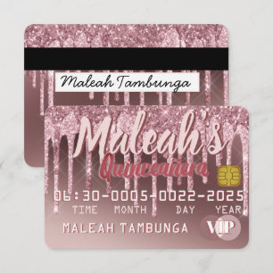 Quinceañera Donkerroze Goud & Roze Glitter Druppel Kaart