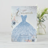 Quinceanera Dusty Blue Glitter Gown Butterflies Kaart (Staand voorkant)