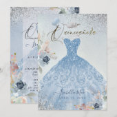 Quinceanera Dusty Blue Glitter Gown Butterflies Kaart (Voorkant / Achterkant)
