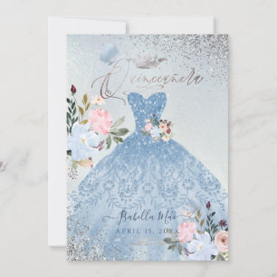Quinceanera Dusty Blue Glitter Gown Butterflies Kaart