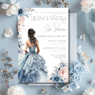 Quinceañera Dusty Blue Gown Roze Bloemen Brunette Kaart
