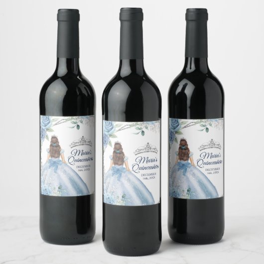 Quinceañera Dusty Blue Wine Bottle Party Label Wijn Etiket (Flessen)
