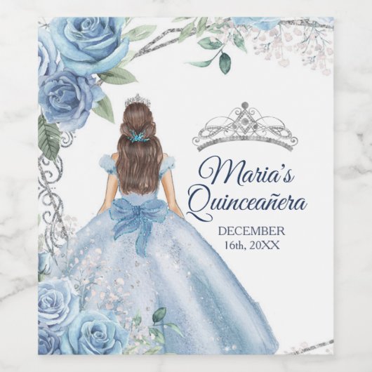 Quinceañera Dusty Blue Wine Bottle Party Label Wijn Etiket (Enkel label)