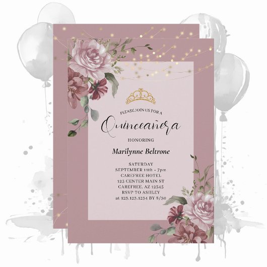 Quinceañera Dusty Purple Floral Gold Invitation