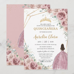 Quinceañera Dusty Roos Floral Princess Gown Gold Kaart