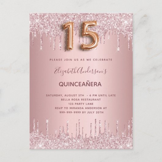 Quinceanera dusty roos glitter druppelt roze luxe uitnodiging briefkaart (Voorkant)