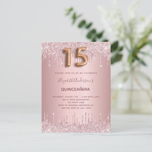 Quinceanera dusty roos glitter druppelt roze luxe uitnodiging briefkaart (Staand voorkant)