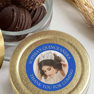 Quinceañera Eenvoudige Foto Royal Blue Gold Dank u Ronde Sticker