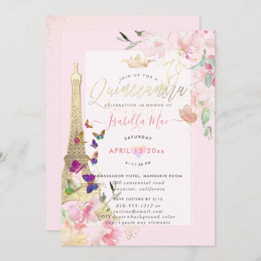 Quinceanera Eiffel Tower, Waterverf Butterflies Kaart (Voorkant / Achterkant)