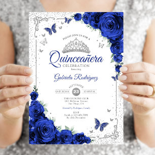 Quinceanera Elegant Chic Koningsblauwe Rozen Zilve Kaart