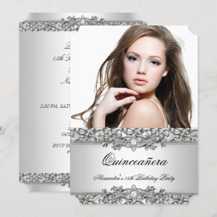 Quinceanera Elegant Zilver Wit Diamant Foto 2 Kaart