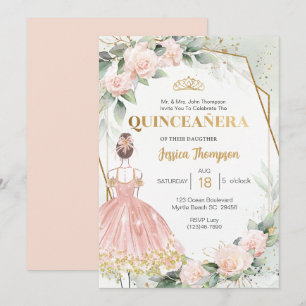 Quinceañera Elegante Blush Roze Gouden Bloemen Kaart