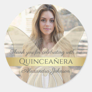 Quinceanera Elegante Gouden Vlinder Foto Ronde Sticker