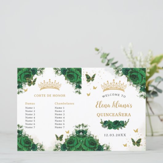 Quinceañera Emerald Bloemenvlinders Programma (Staand voorkant)