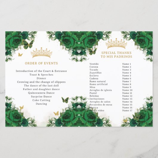 Quinceañera Emerald Bloemenvlinders Programma (Achterkant)