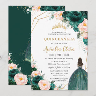 Quinceañera Emerald Green Blush Floral Princess Kaart