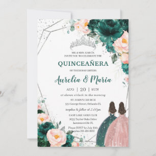 Quinceañera Emerald Green Blush Floral Twins Kaart