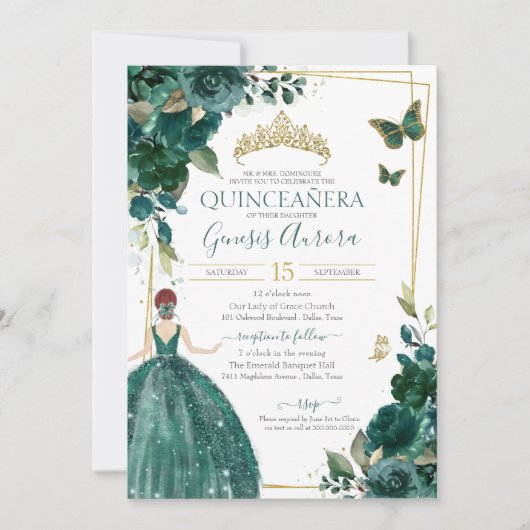 Quinceañera Emerald Green Floral Butterflies Kaart (Voorkant)