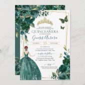 Quinceañera Emerald Green Floral Butterflies Kaart (Voorkant / Achterkant)