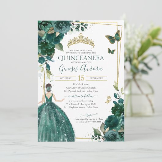 Quinceañera Emerald Green Floral Butterflies Kaart (Staand voorkant)