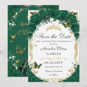 Quinceañera Emerald Green Floral Gold Princess Save The Date
