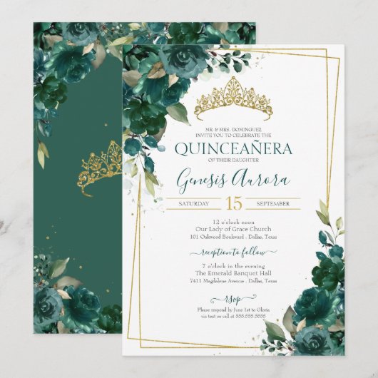 Quinceañera Emerald Green Floral Invitation (Devant / Derrière)