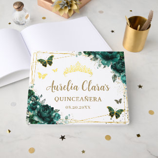QUINCEAÑERA Emerald Green Floral Papillons Rose