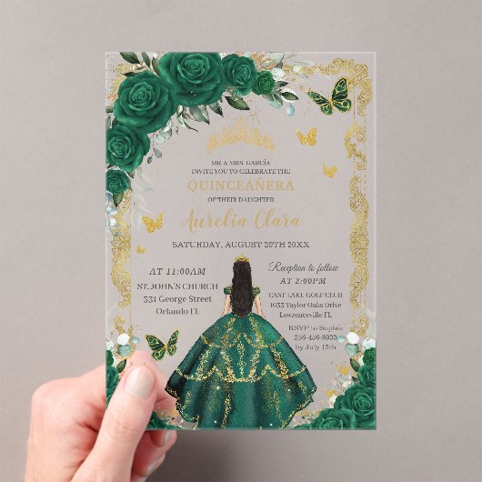 Quinceañera Emerald Green Floral Zwart Haar Goud Acryl Uitnodigingen (Insitu (Draagbaar))