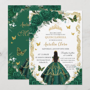 Quinceañera Emerald Green Floral Zwart Haar Goud Kaart
