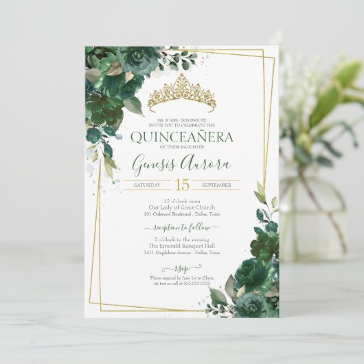 Quinceañera Emerald Green & Gold Waterverf Floral Kaart (Staand voorkant)