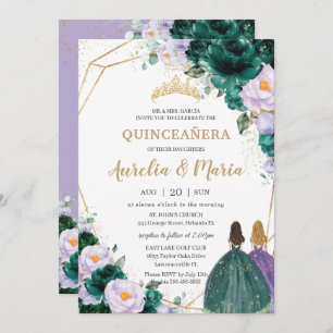 Quinceañera Emerald Green Lila Floral Rozen Twins Kaart