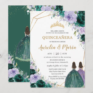 Quinceañera Emerald Green Paarse Floral Twins Kaart