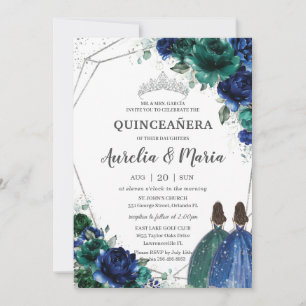 Quinceañera Emerald Green Royal Blue Floral Twins Kaart
